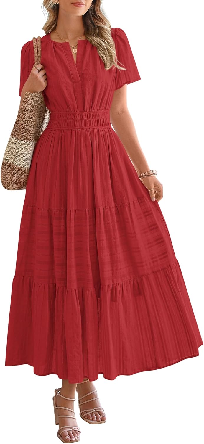 BTFBM Womens Summer 2026 Casual Midi Maxi Dresses Lightweight Short Sleeve V Neck Elastic Waist Boho Beach Dress Pockets