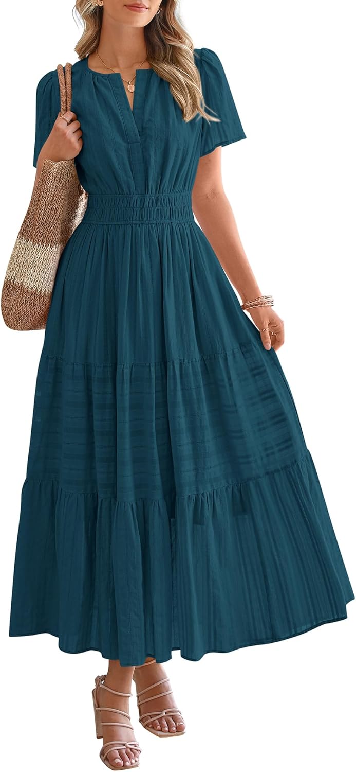 BTFBM Womens Summer 2026 Casual Midi Maxi Dresses Lightweight Short Sleeve V Neck Elastic Waist Boho Beach Dress Pockets