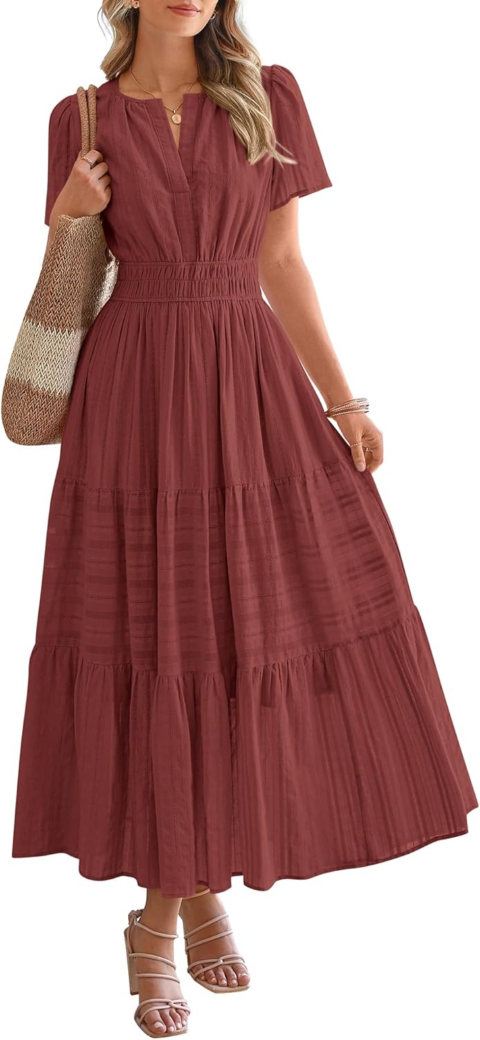 BTFBM Womens Summer 2026 Casual Midi Maxi Dresses Lightweight Short Sleeve V Neck Elastic Waist Boho Beach Dress Pockets
