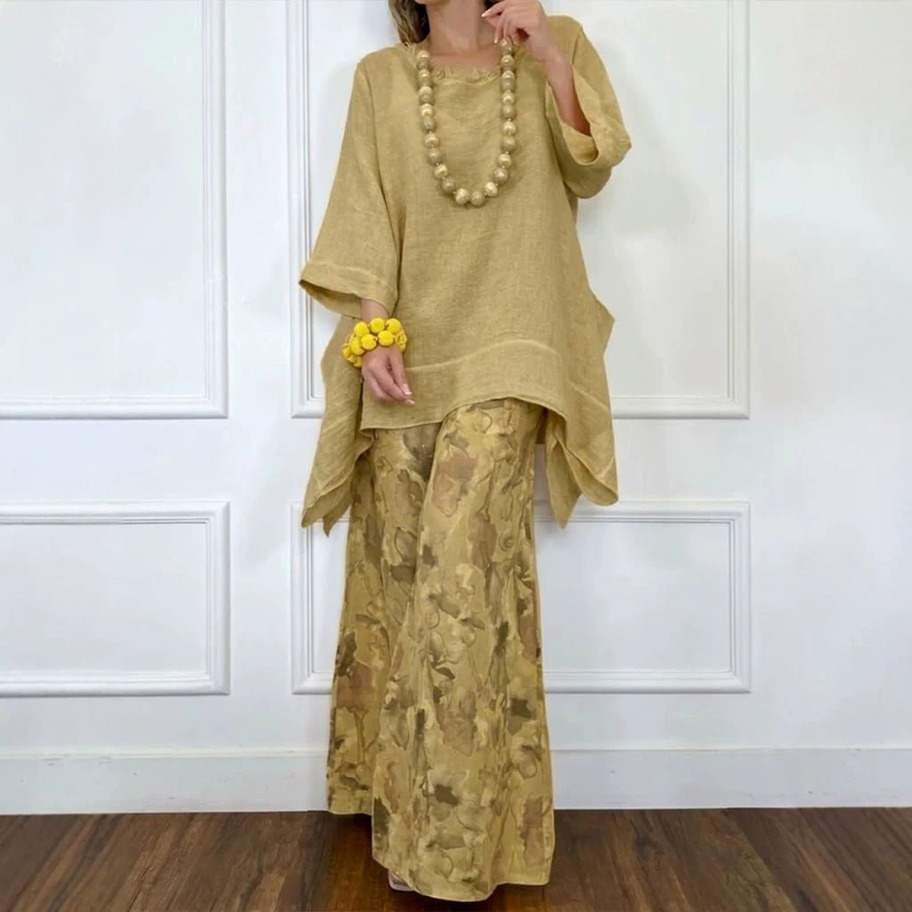 💕💕Cotton-Linen Irregular Hem Drop-Shoulder Top & Wide-Leg Pants Set