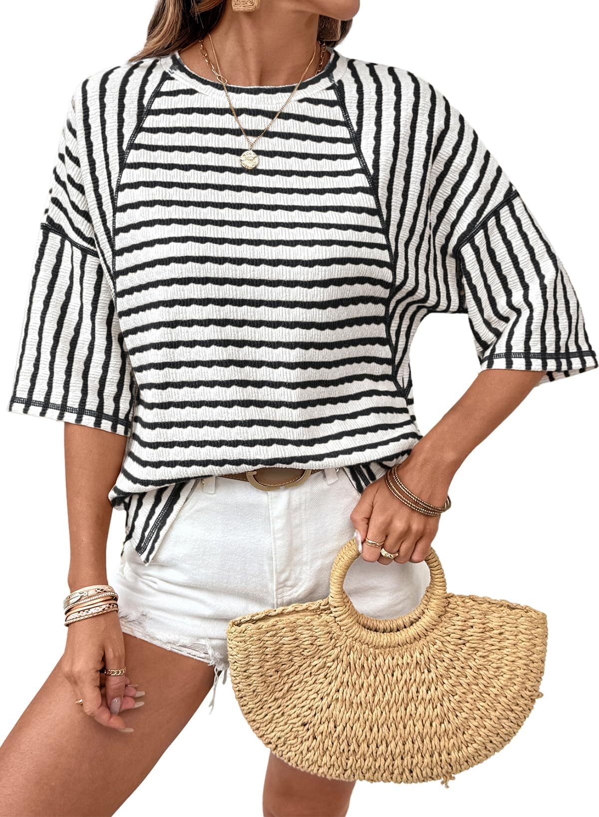 💕💕Womens Summer Tops Oversized Tshirts for Women Striped Color Block Short Sleeve T Shirts Crewneck Casual Tee Blouses