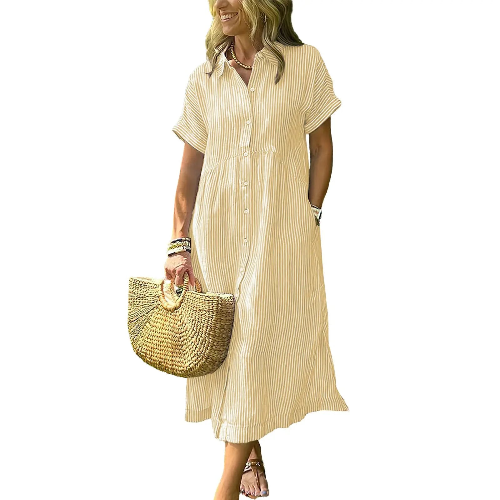 Last Day ⏰ 49% OFF ✨Chouyatou Women's Loose Midi Striped Shirt Dress