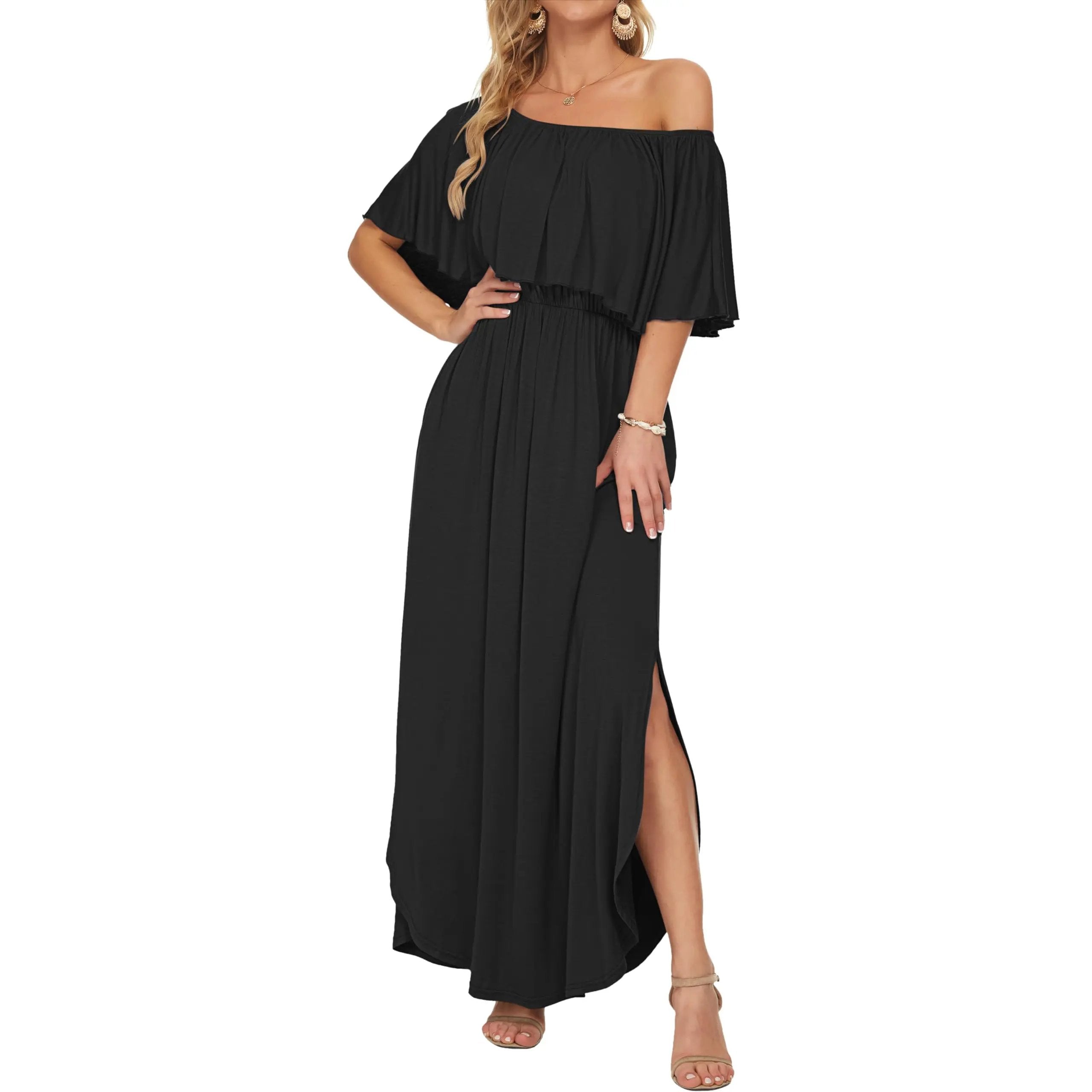 Women's Off The Shoulder Dress 👗Wedding Guest Dress ❤️Summer Casual Long Ruffle Party Side Split Beach Maxi Dresses with Pockets