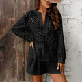 💕💕Women's Solid Color Elegant V-Neck Lace Long Sleeve Blouse & Shorts Set