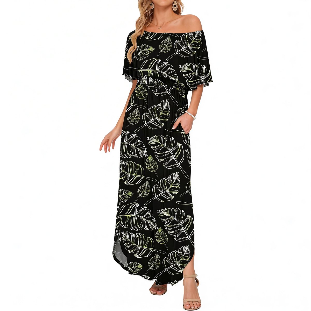 Women's Off The Shoulder Dress 👗Wedding Guest Dress ❤️Summer Casual Long Ruffle Party Side Split Beach Maxi Dresses with Pockets