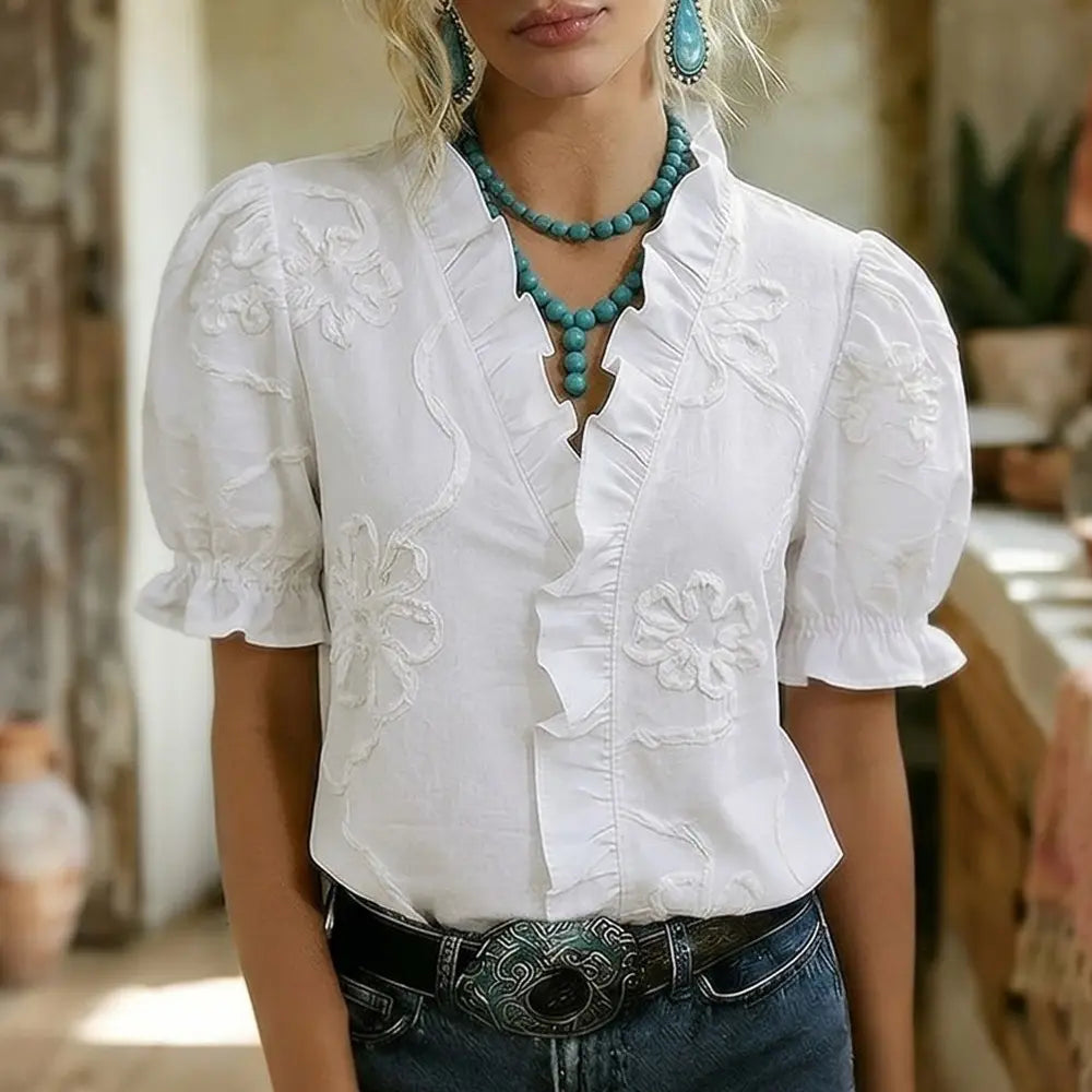 💕💕Cherrybetty 100% Cotton Flower Embroidered Ruffle Neck Puff Sleeve Cotton Top Spring Fashion Tiktok Shop Spring Glow Up Sweety Essential Comfort Elegant Outfits Going Out Tops
