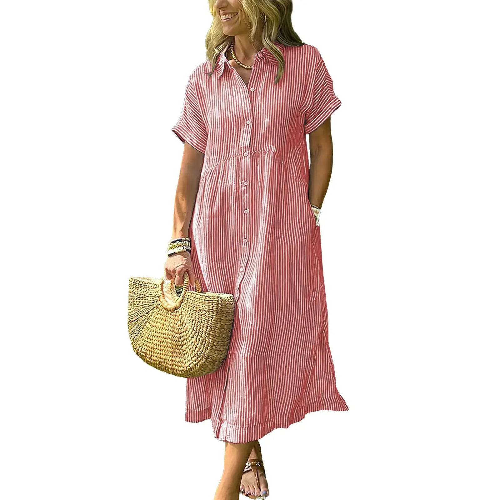 Last Day ⏰ 49% OFF ✨Chouyatou Women's Loose Midi Striped Shirt Dress