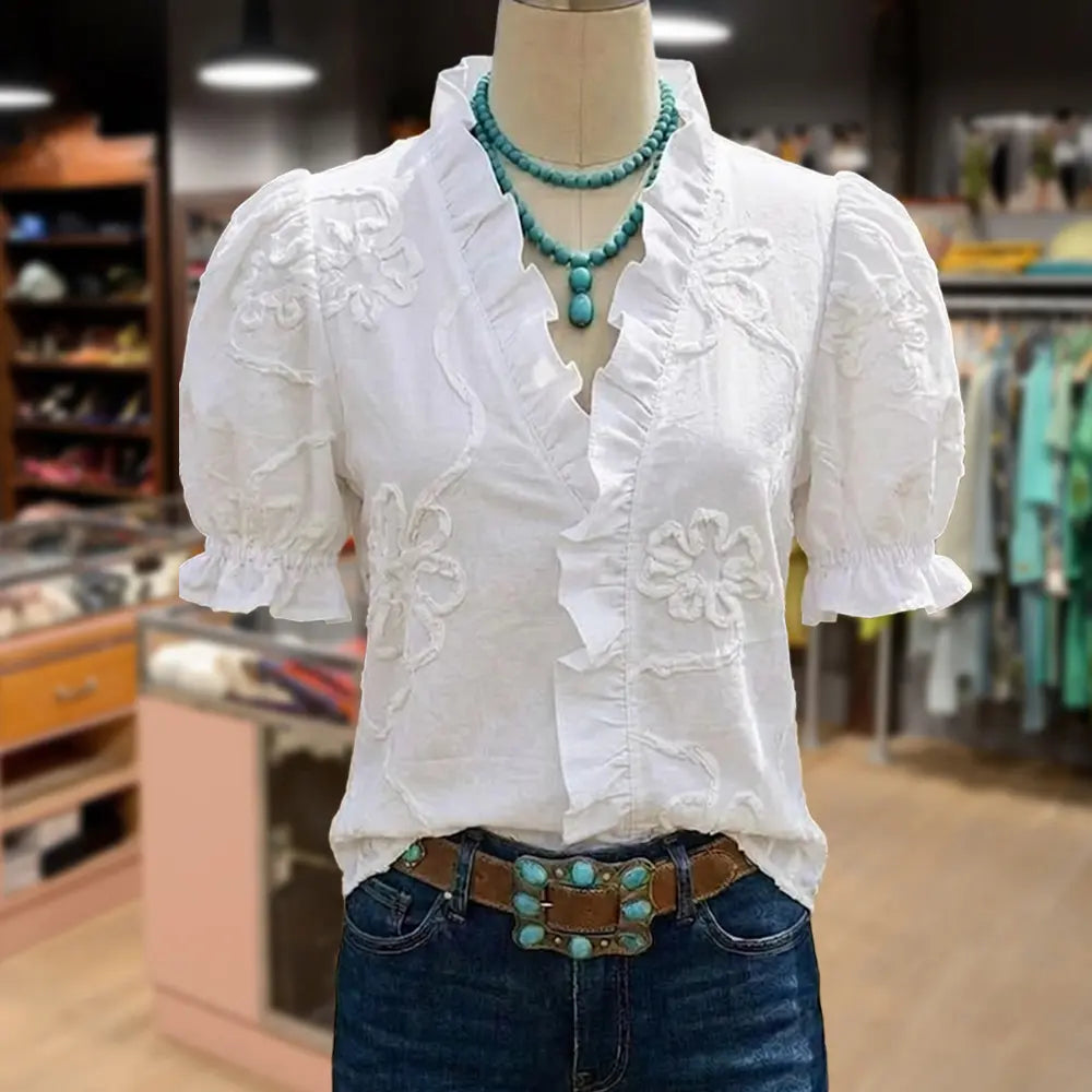 💕💕Cherrybetty 100% Cotton Flower Embroidered Ruffle Neck Puff Sleeve Cotton Top Spring Fashion Tiktok Shop Spring Glow Up Sweety Essential Comfort Elegant Outfits Going Out Tops
