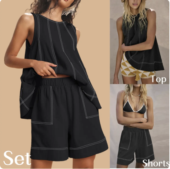 💕💕50% OFF🔥Women's Cotton Two Piece Outfit - A-Line Tank & High-Waist Shorts