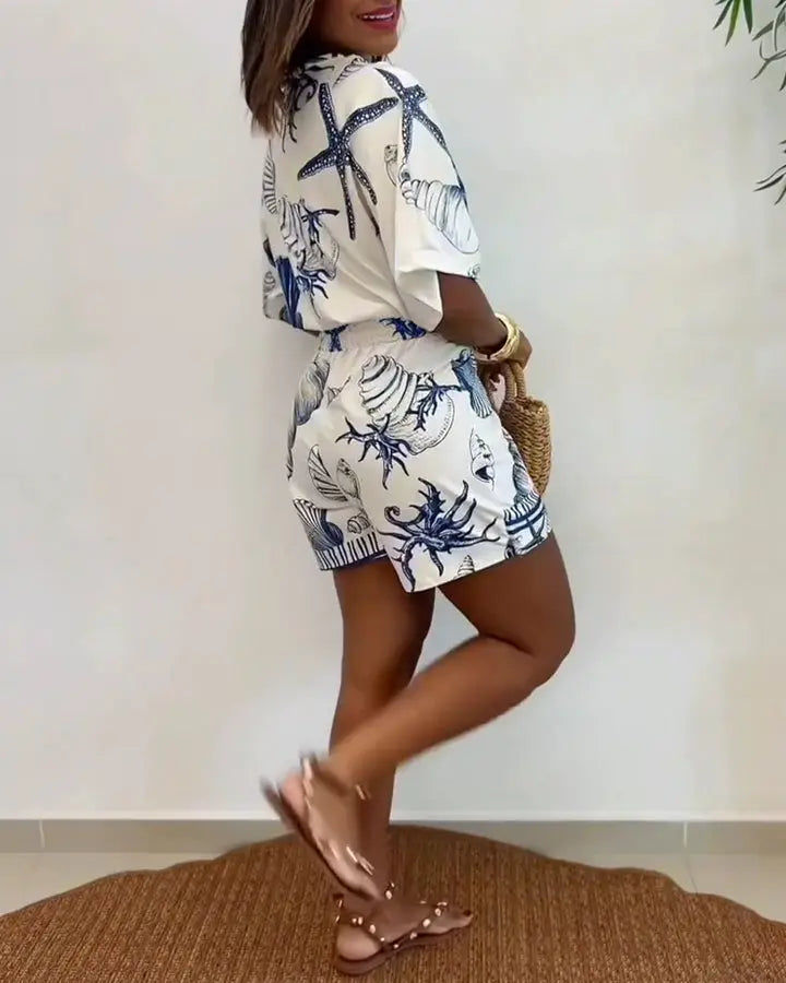 Sale 🎉 Seashell Print V-Neck Wrap Romper   Mermaidcore Vacation Wear 🌴
