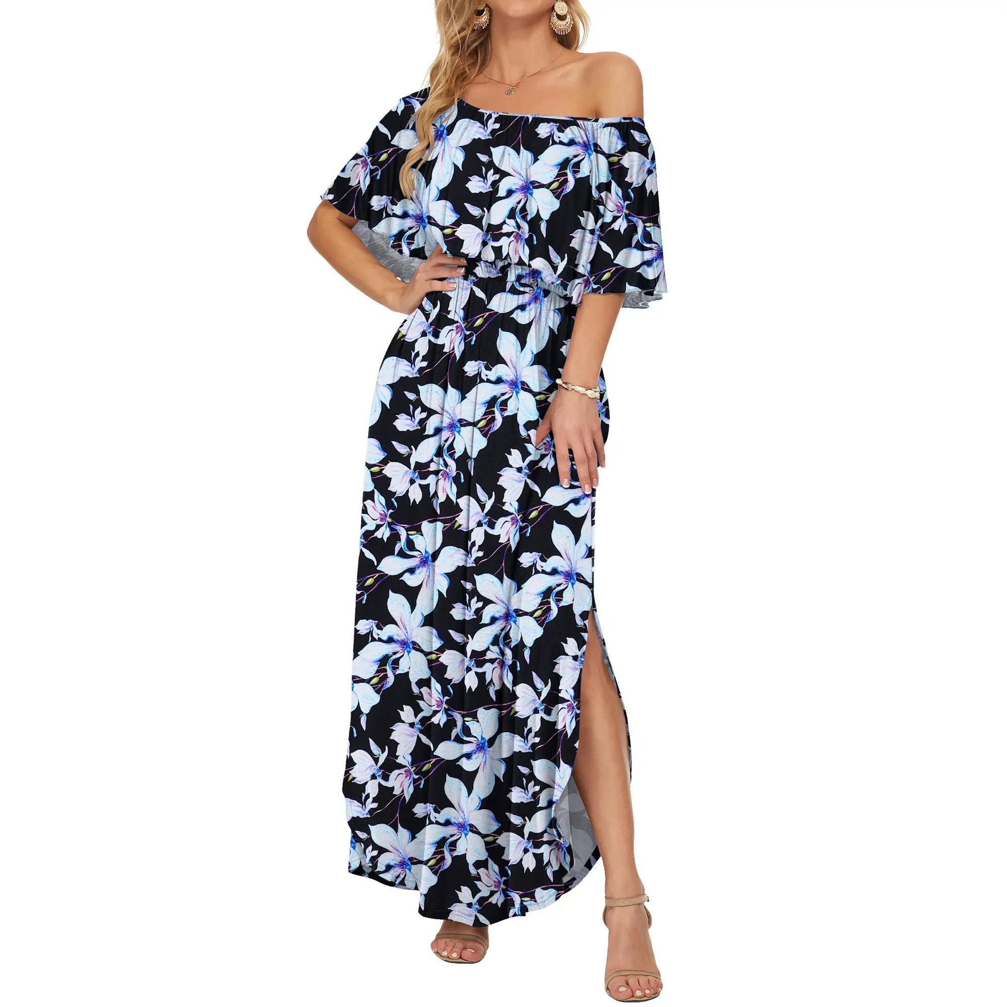 Women's Off The Shoulder Dress 👗Wedding Guest Dress ❤️Summer Casual Long Ruffle Party Side Split Beach Maxi Dresses with Pockets