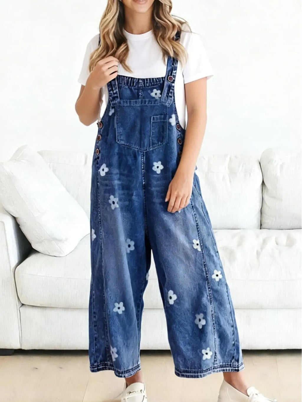 💕💕50% OFF🔥Women's Floral Printed Adjustable Denim Overalls - Wide Leg Jumpsuit