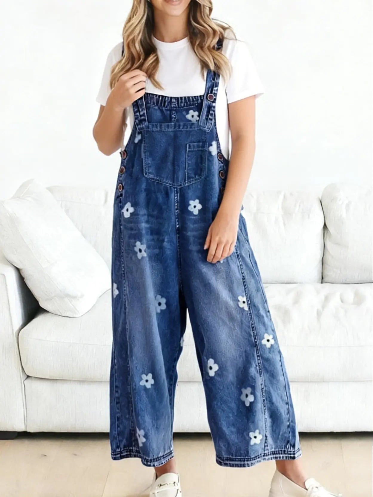 💕💕50% OFF🔥Women's Floral Printed Adjustable Denim Overalls - Wide Leg Jumpsuit