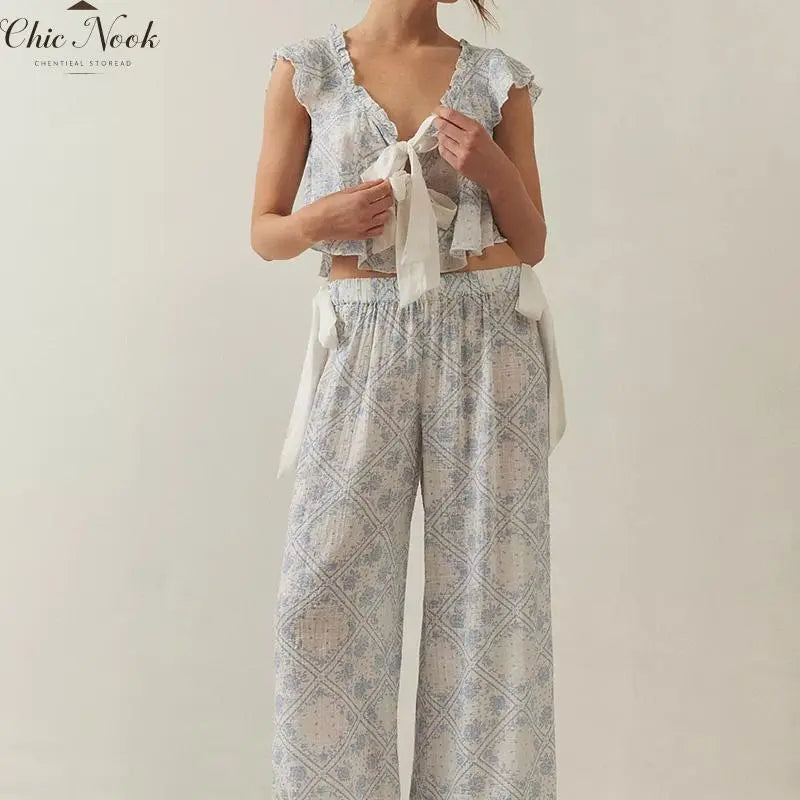 💕💕Women Tie Up Pajamas Lounge Set - Floral Tops & Pants