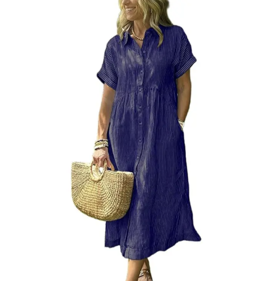 Last Day ⏰ 49% OFF ✨Chouyatou Women's Loose Midi Striped Shirt Dress
