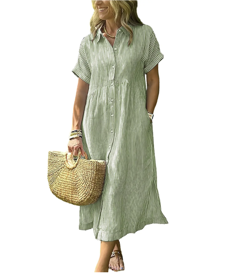 Last Day ⏰ 49% OFF ✨Chouyatou Women's Loose Midi Striped Shirt Dress