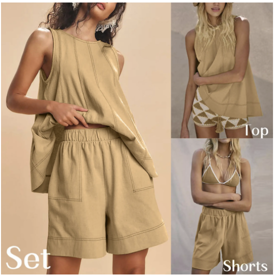 💕💕50% OFF🔥Women's Cotton Two Piece Outfit - A-Line Tank & High-Waist Shorts