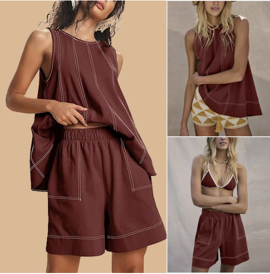 💕💕50% OFF🔥Women's Cotton Two Piece Outfit - A-Line Tank & High-Waist Shorts