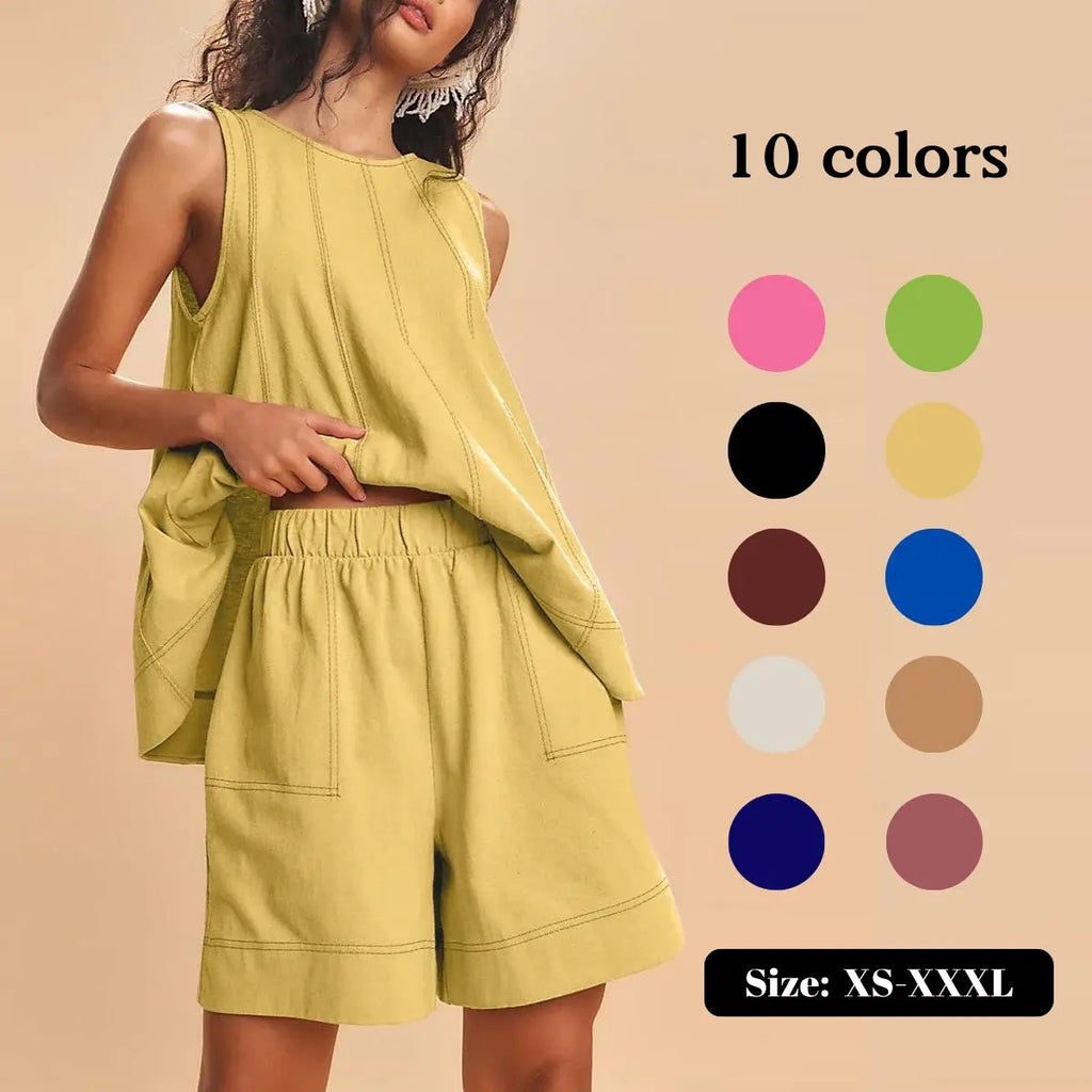 💕💕50% OFF🔥Women's Cotton Two Piece Outfit - A-Line Tank & High-Waist Shorts
