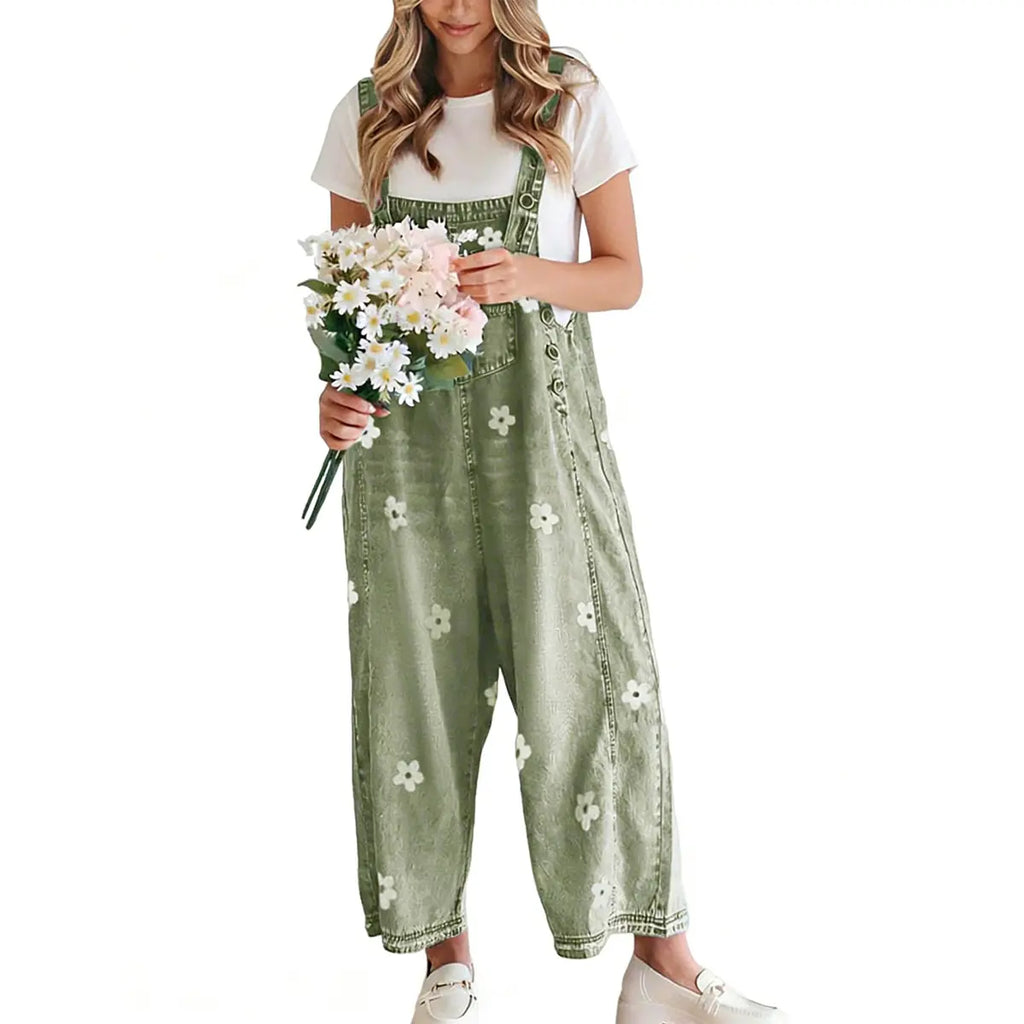 💕💕50% OFF🔥Women's Floral Printed Adjustable Denim Overalls - Wide Leg Jumpsuit