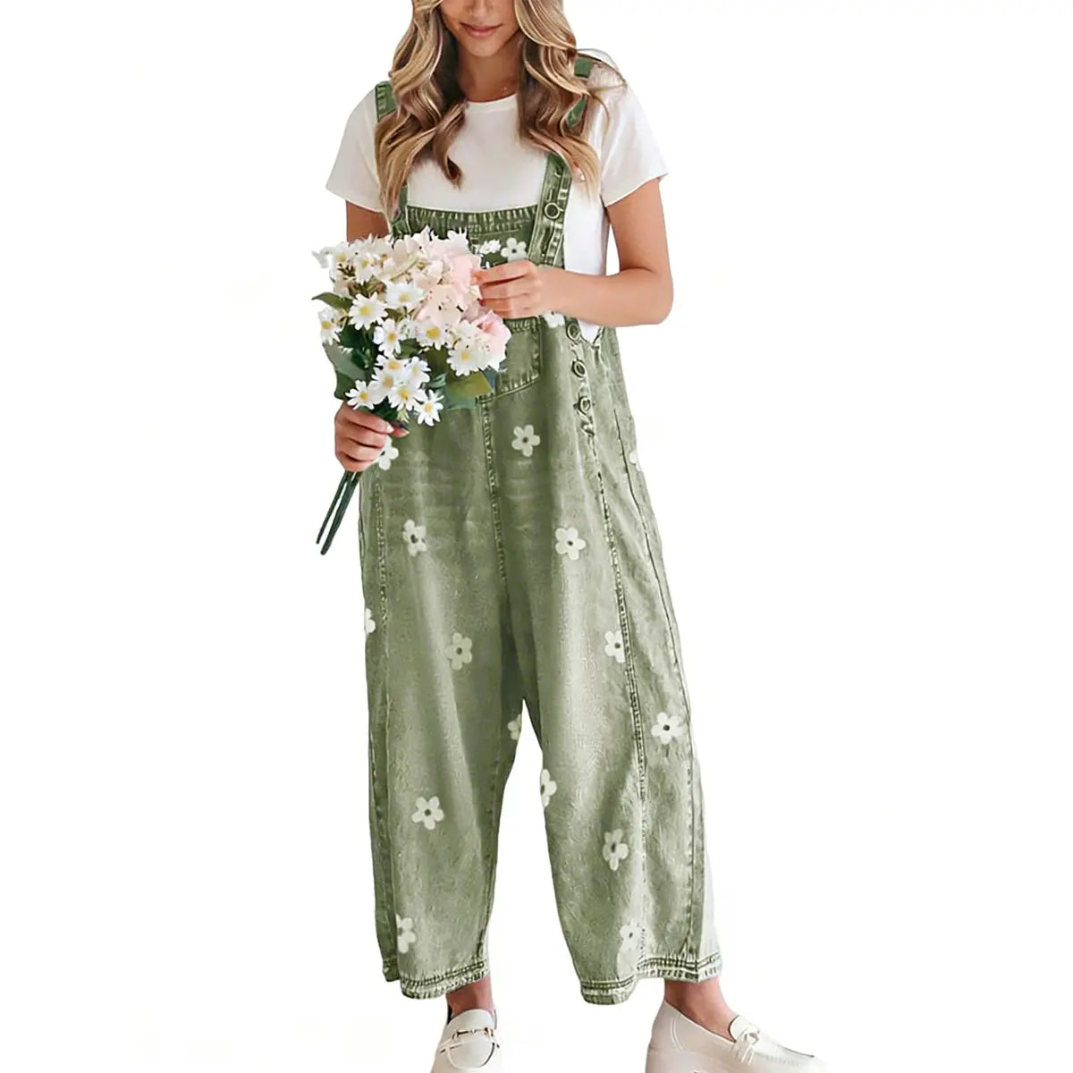 💕💕50% OFF🔥Women's Floral Printed Adjustable Denim Overalls - Wide Leg Jumpsuit