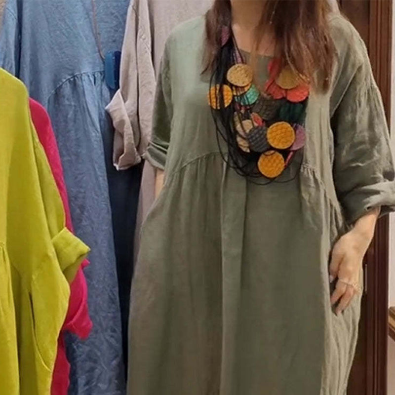 💕💕Last Day Sale 49% Off💃Women's Casual Loose Round Neck Solid Color Dress with 3/4 Sleeves & Pockets