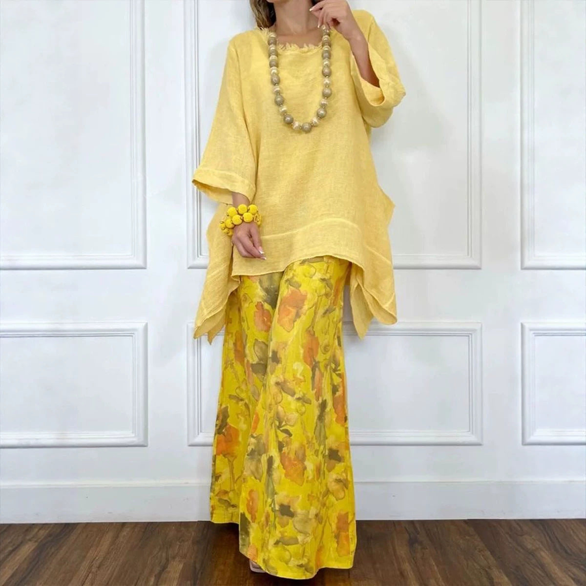 💕💕Cotton-Linen Irregular Hem Drop-Shoulder Top & Wide-Leg Pants Set