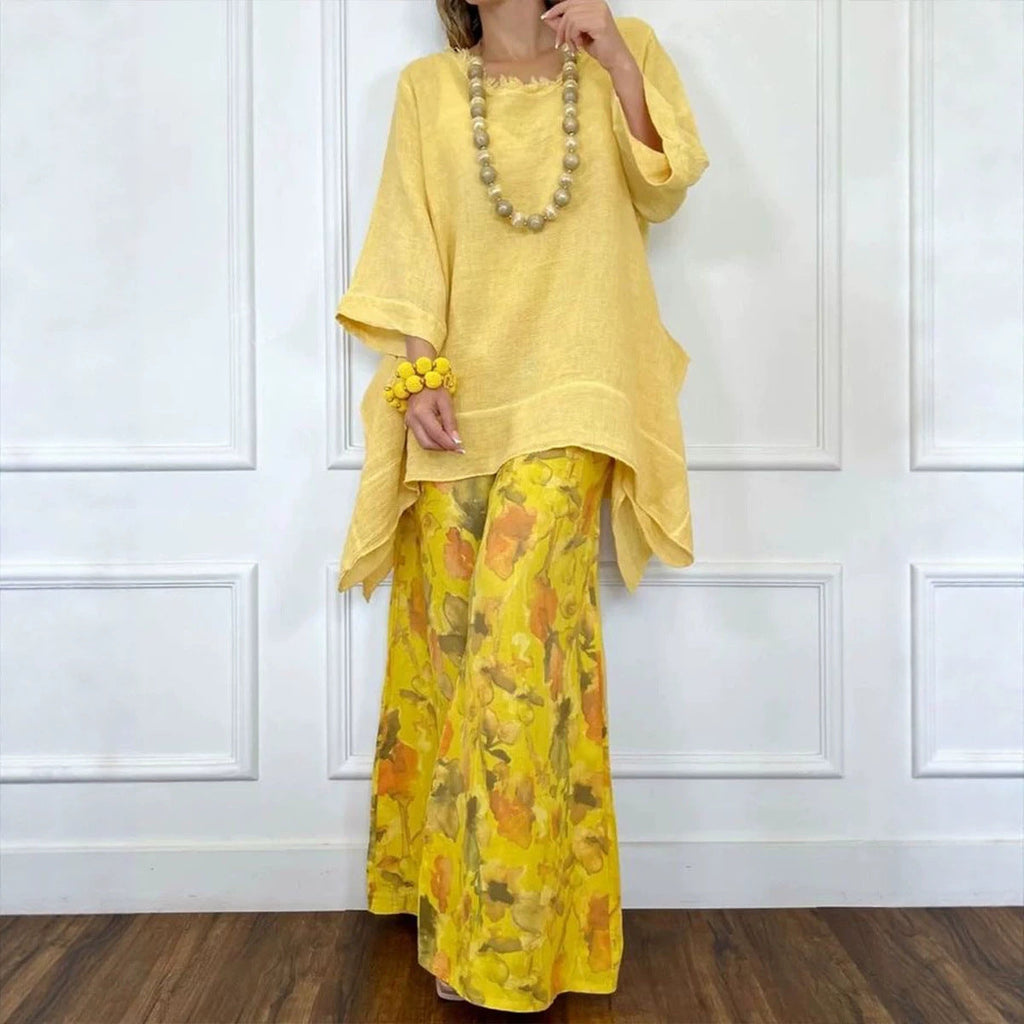 💕💕Cotton-Linen Irregular Hem Drop-Shoulder Top & Wide-Leg Pants Set