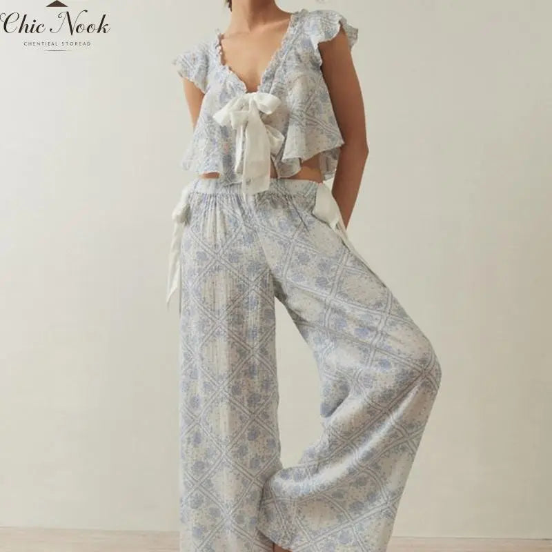 💕💕Women Tie Up Pajamas Lounge Set - Floral Tops & Pants