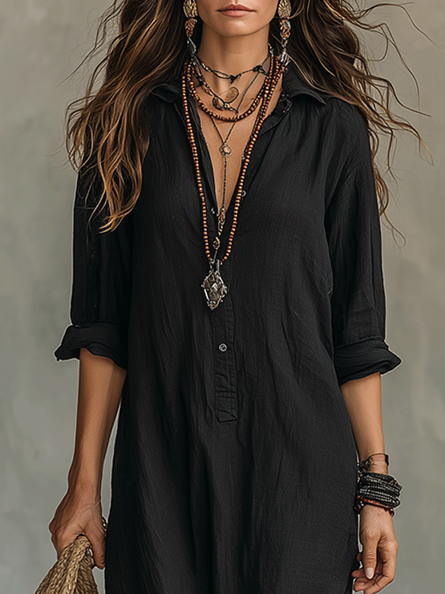 🌷100% Cotton-Button-Front Bohemian Shirt Maxi Dress