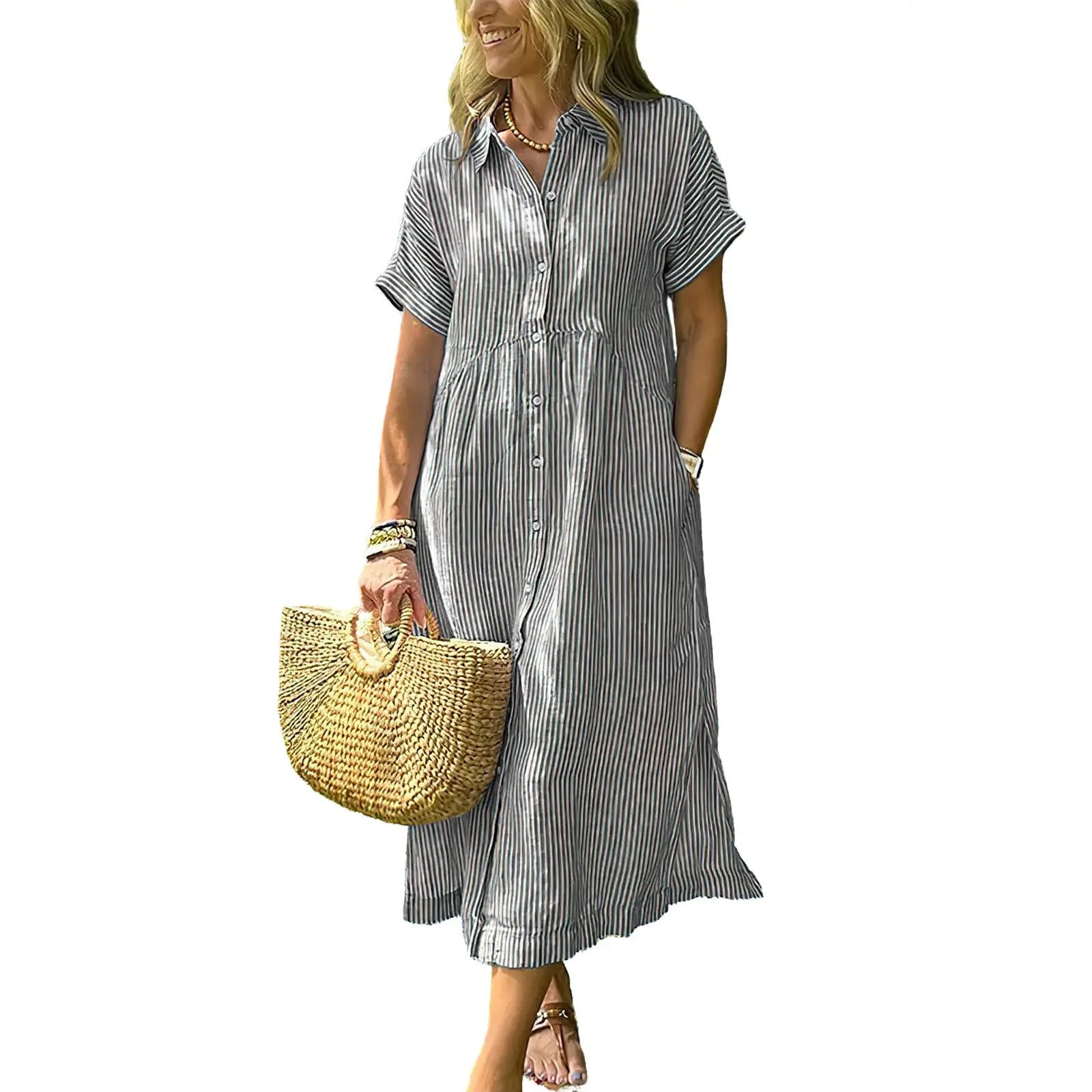 Last Day ⏰ 49% OFF ✨Chouyatou Women's Loose Midi Striped Shirt Dress