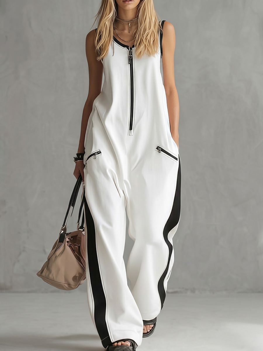 🌷Loose Sleeveless Contrast Color Pockets Zipper V-Neck Jumpsuits