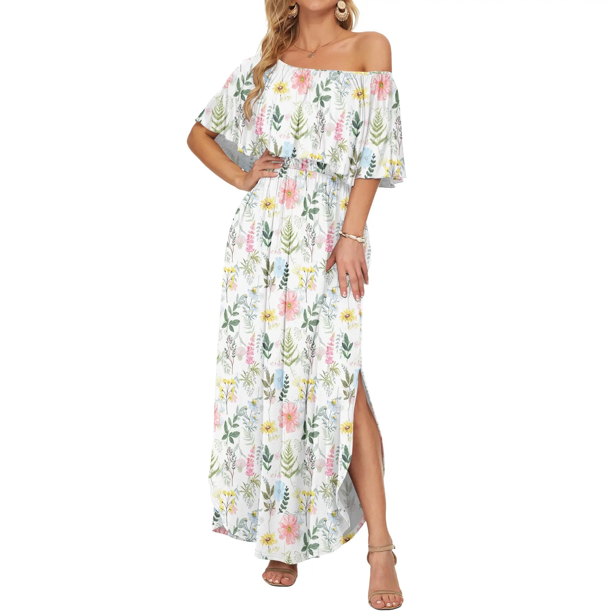Women's Off The Shoulder Dress 👗Wedding Guest Dress ❤️Summer Casual Long Ruffle Party Side Split Beach Maxi Dresses with Pockets