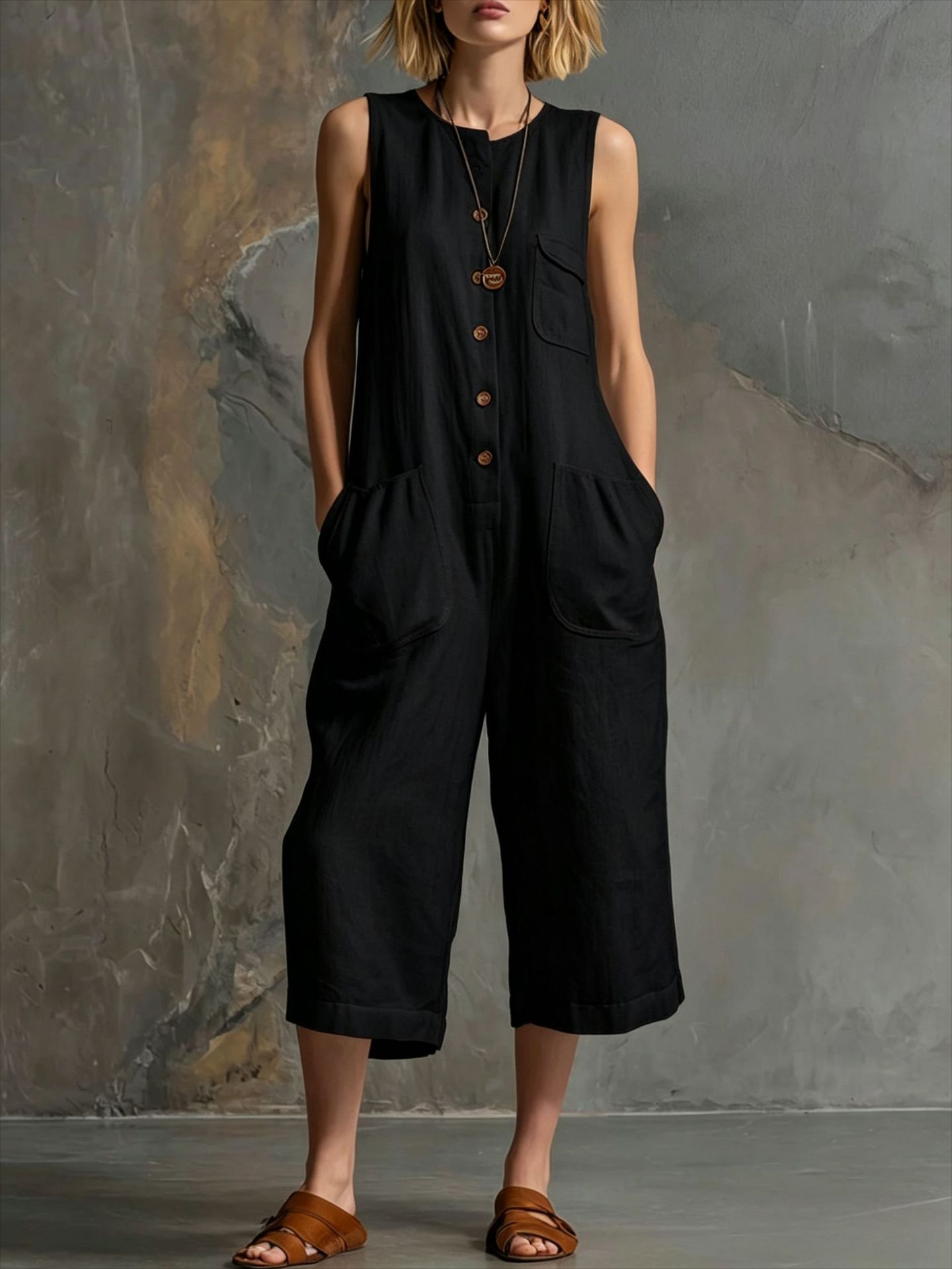 🌷Retro Sleeveless Cotton-Linen Wide-Leg Cropped Jumpsuit