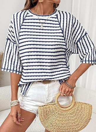 💕💕Womens Summer Tops Oversized Tshirts for Women Striped Color Block Short Sleeve T Shirts Crewneck Casual Tee Blouses