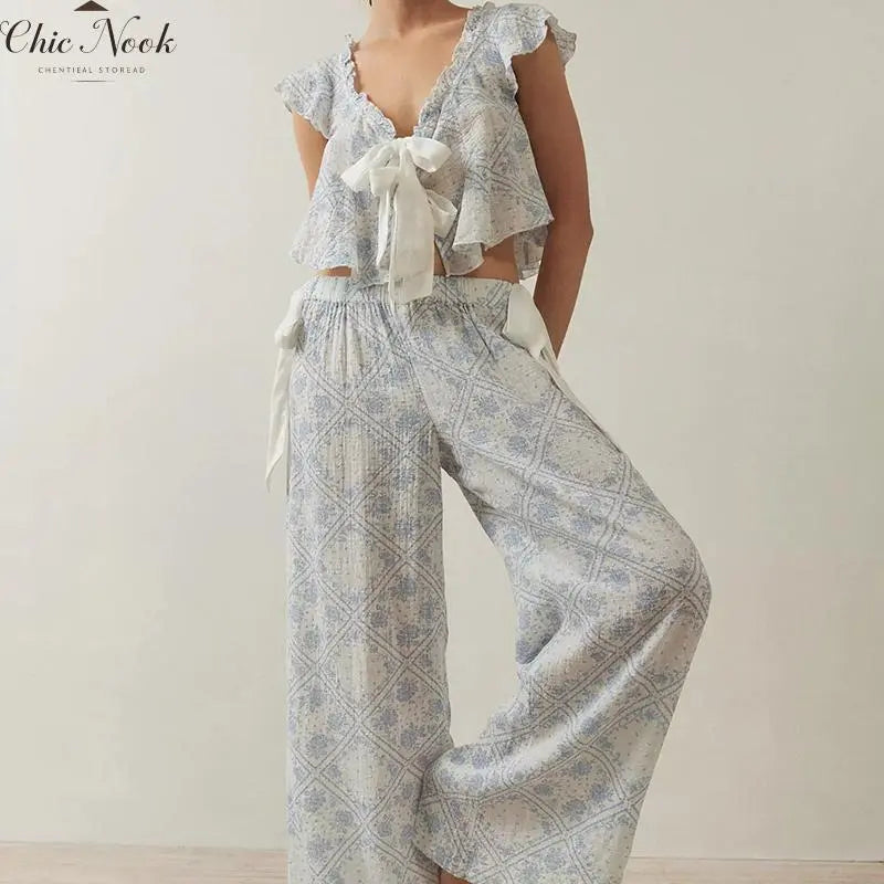 💕💕Women Tie Up Pajamas Lounge Set - Floral Tops & Pants