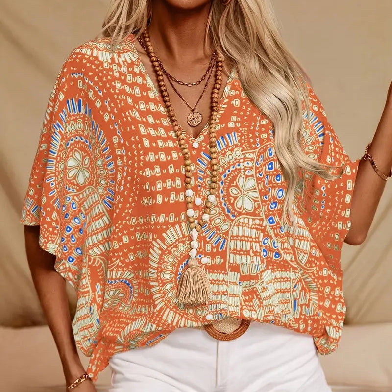 💕💕Mandala Print V-Neck Blouse – Casual Vacation Top