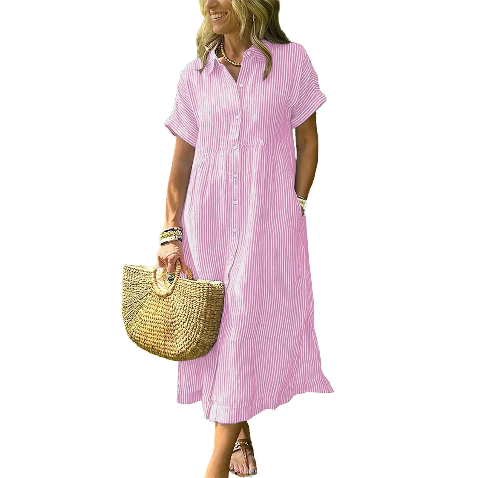 Last Day ⏰ 49% OFF ✨Chouyatou Women's Loose Midi Striped Shirt Dress