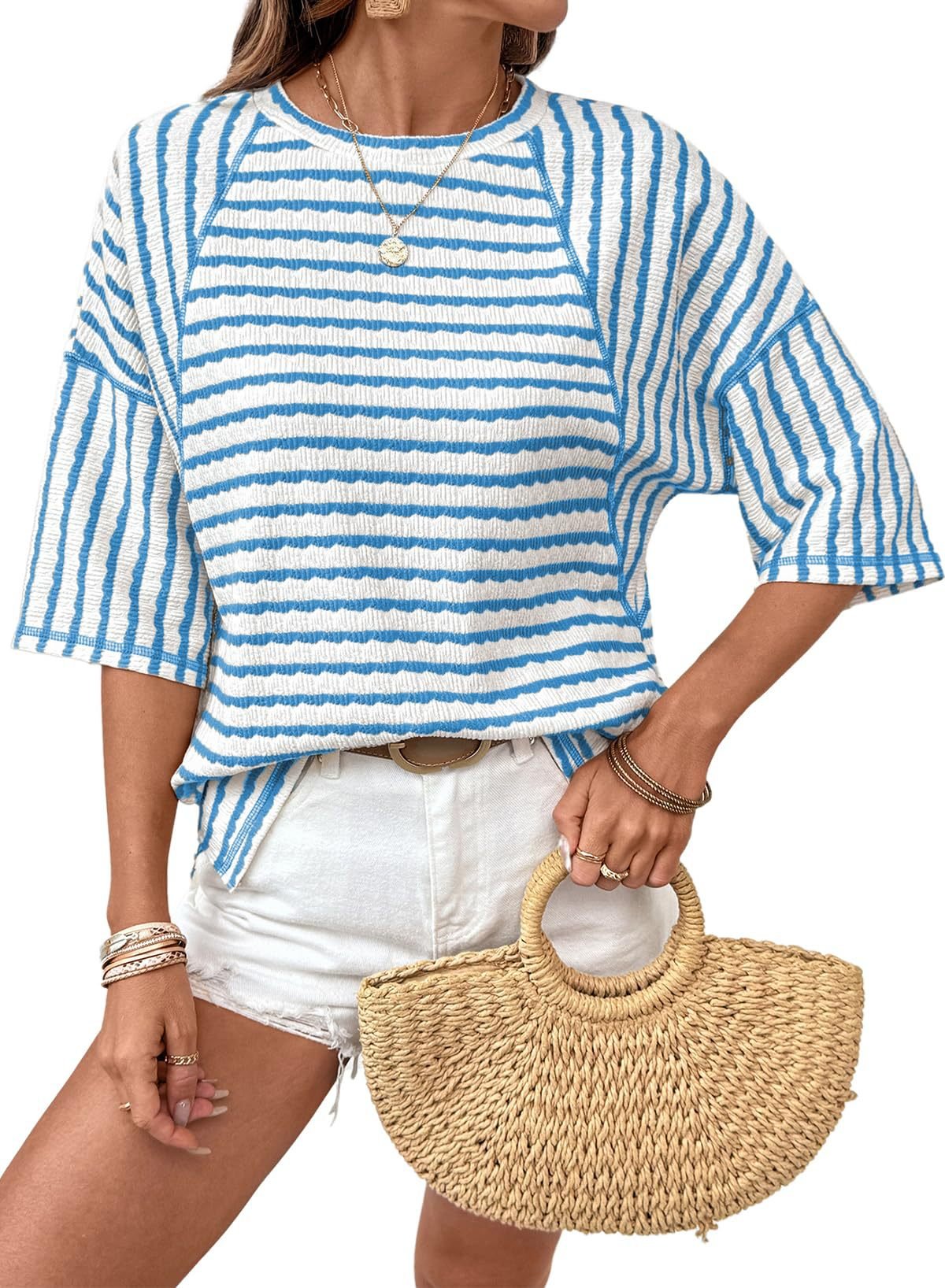 💕💕Womens Summer Tops Oversized Tshirts for Women Striped Color Block Short Sleeve T Shirts Crewneck Casual Tee Blouses
