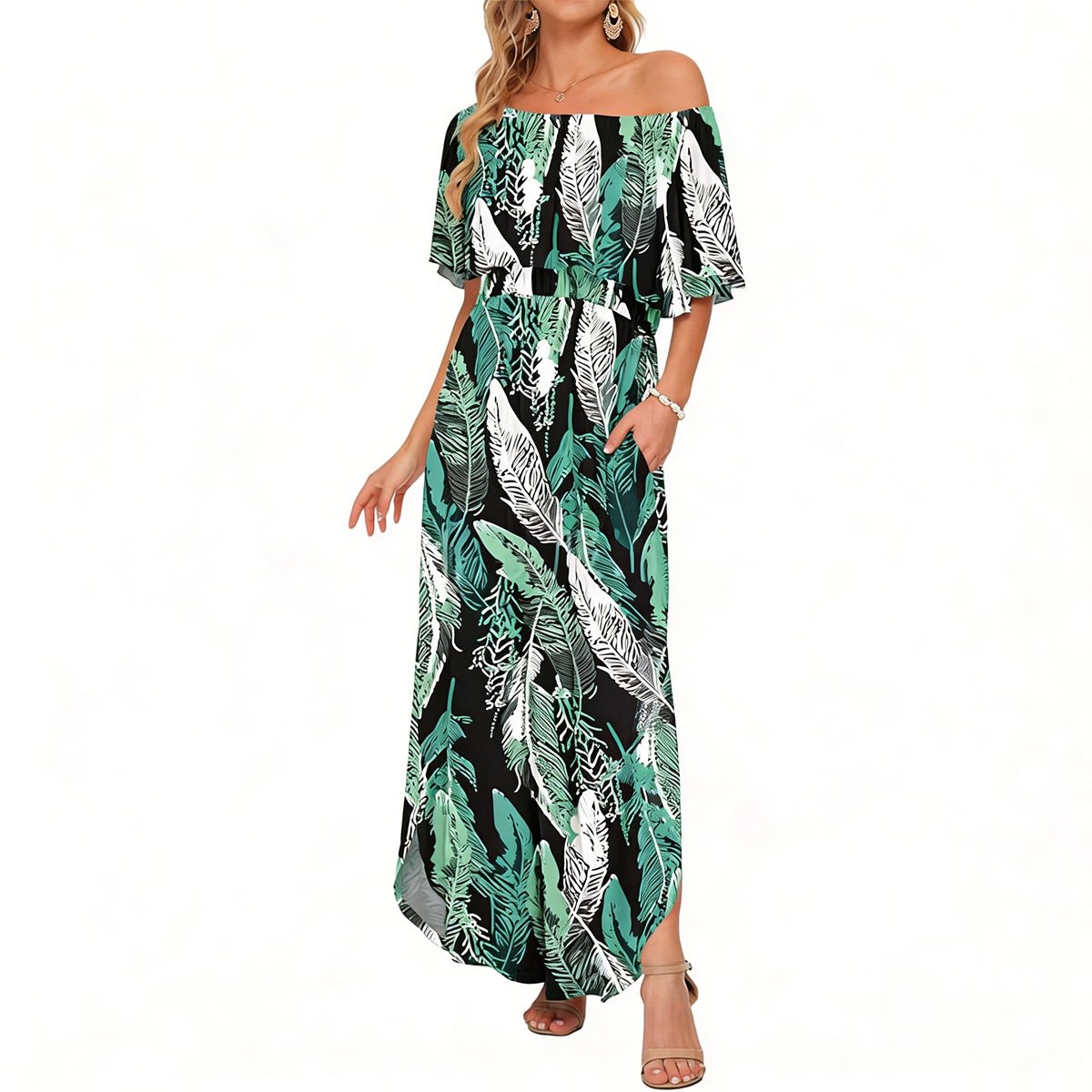 Women's Off The Shoulder Dress 👗Wedding Guest Dress ❤️Summer Casual Long Ruffle Party Side Split Beach Maxi Dresses with Pockets