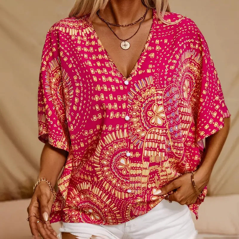 💕💕Mandala Print V-Neck Blouse – Casual Vacation Top