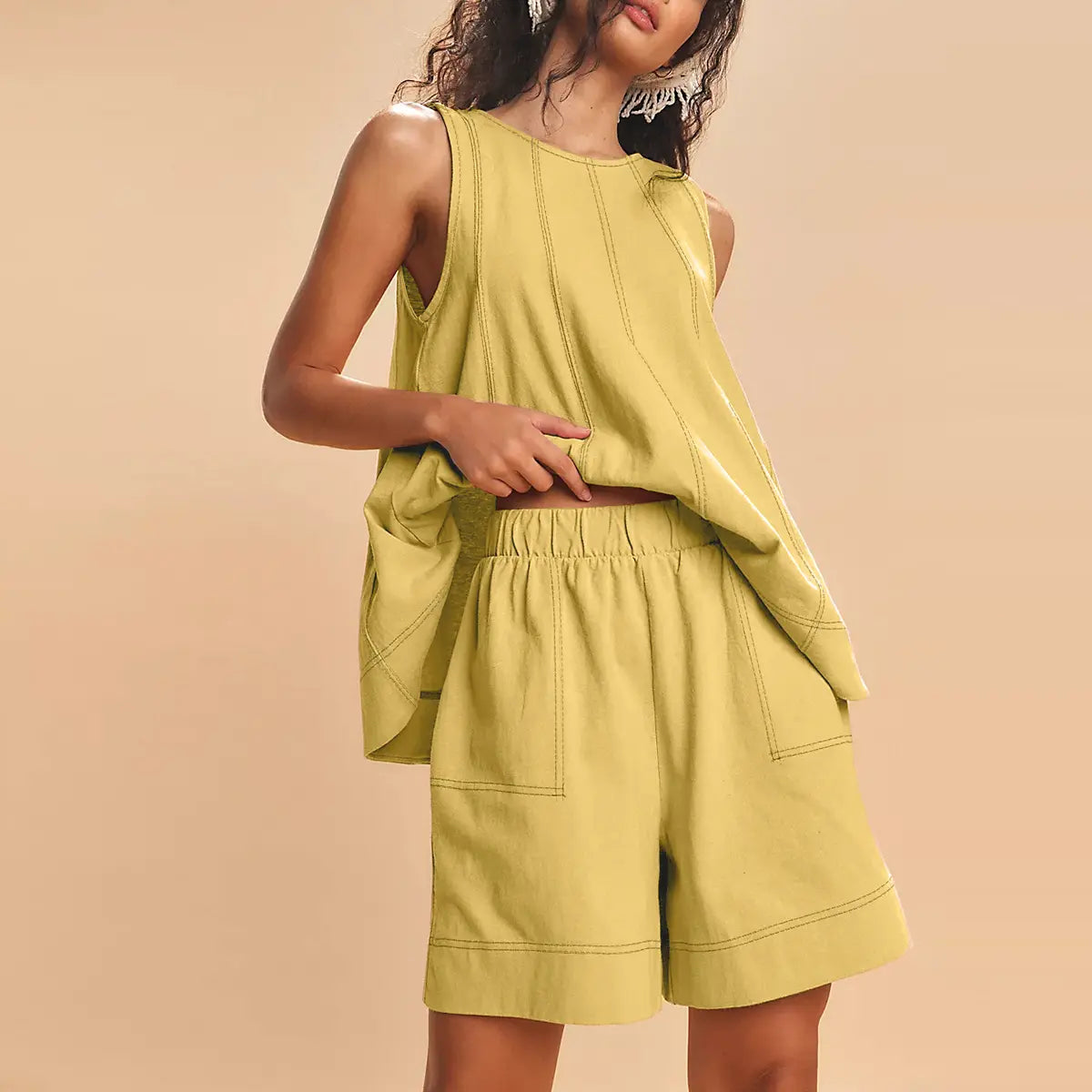 💕💕50% OFF🔥Women's Cotton Two Piece Outfit - A-Line Tank & High-Waist Shorts