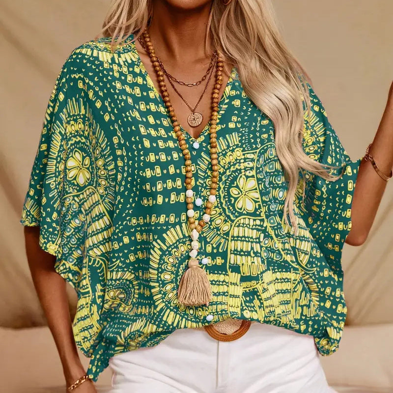 💕💕Mandala Print V-Neck Blouse – Casual Vacation Top