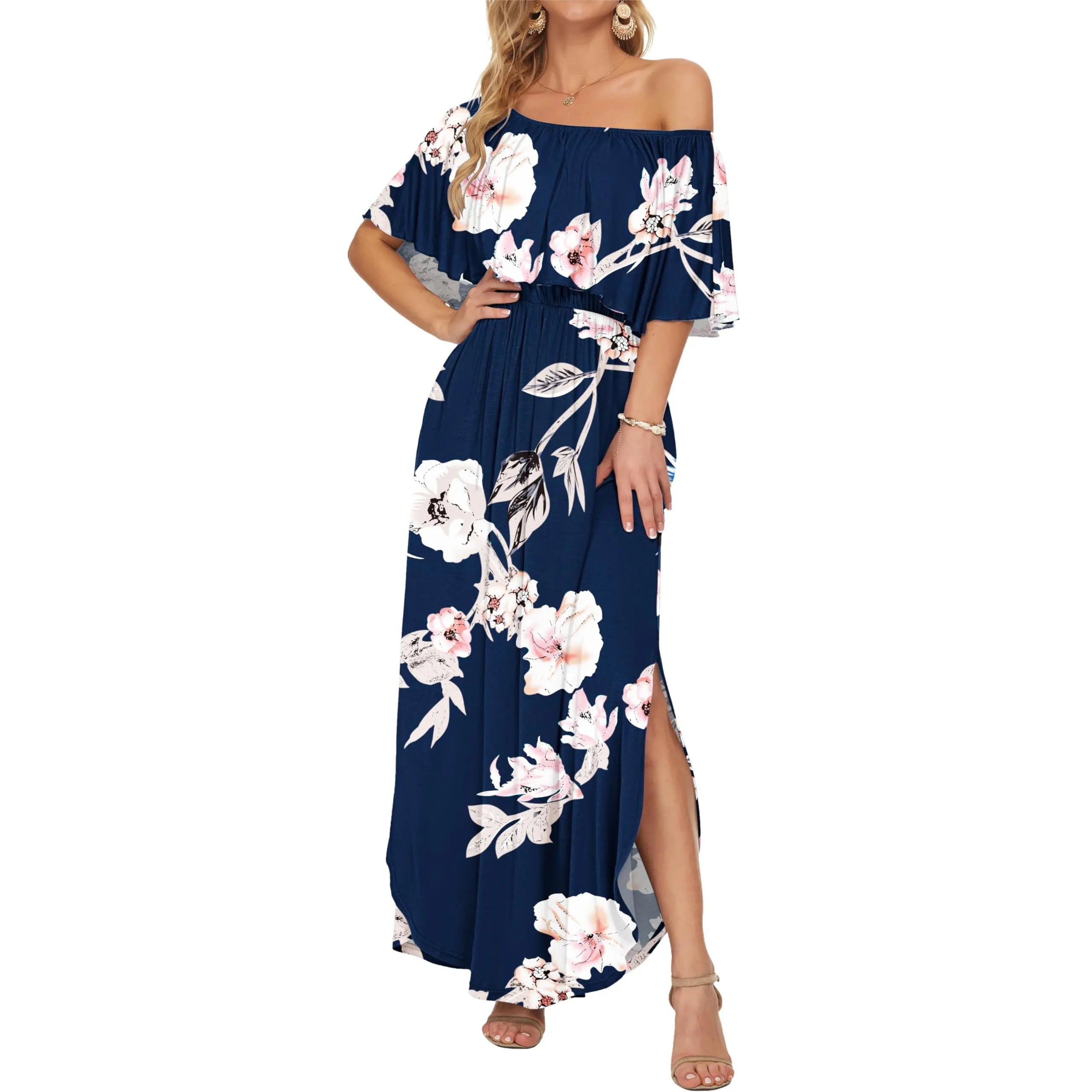 Women's Off The Shoulder Dress 👗Wedding Guest Dress ❤️Summer Casual Long Ruffle Party Side Split Beach Maxi Dresses with Pockets