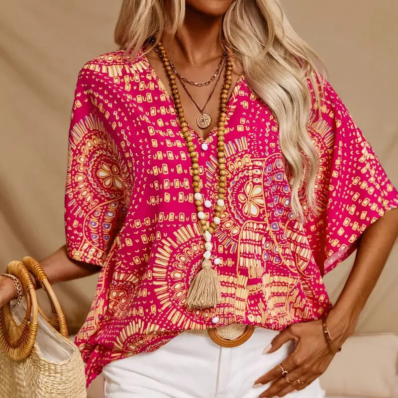 💕💕Mandala Print V-Neck Blouse – Casual Vacation Top