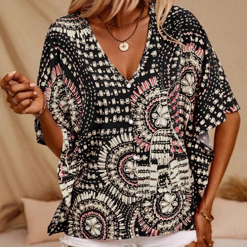 💕💕Mandala Print V-Neck Blouse – Casual Vacation Top