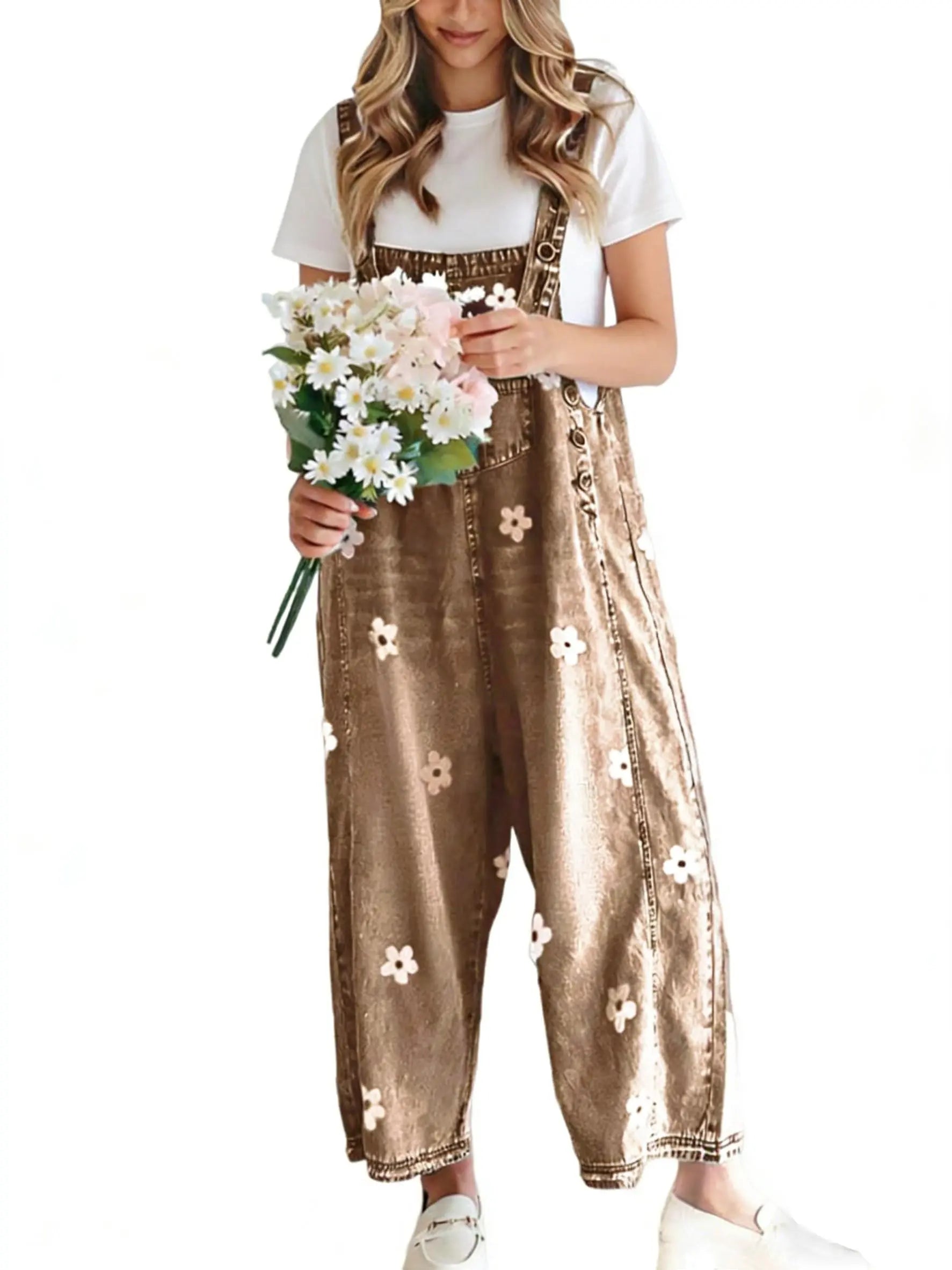 💕💕50% OFF🔥Women's Floral Printed Adjustable Denim Overalls - Wide Leg Jumpsuit