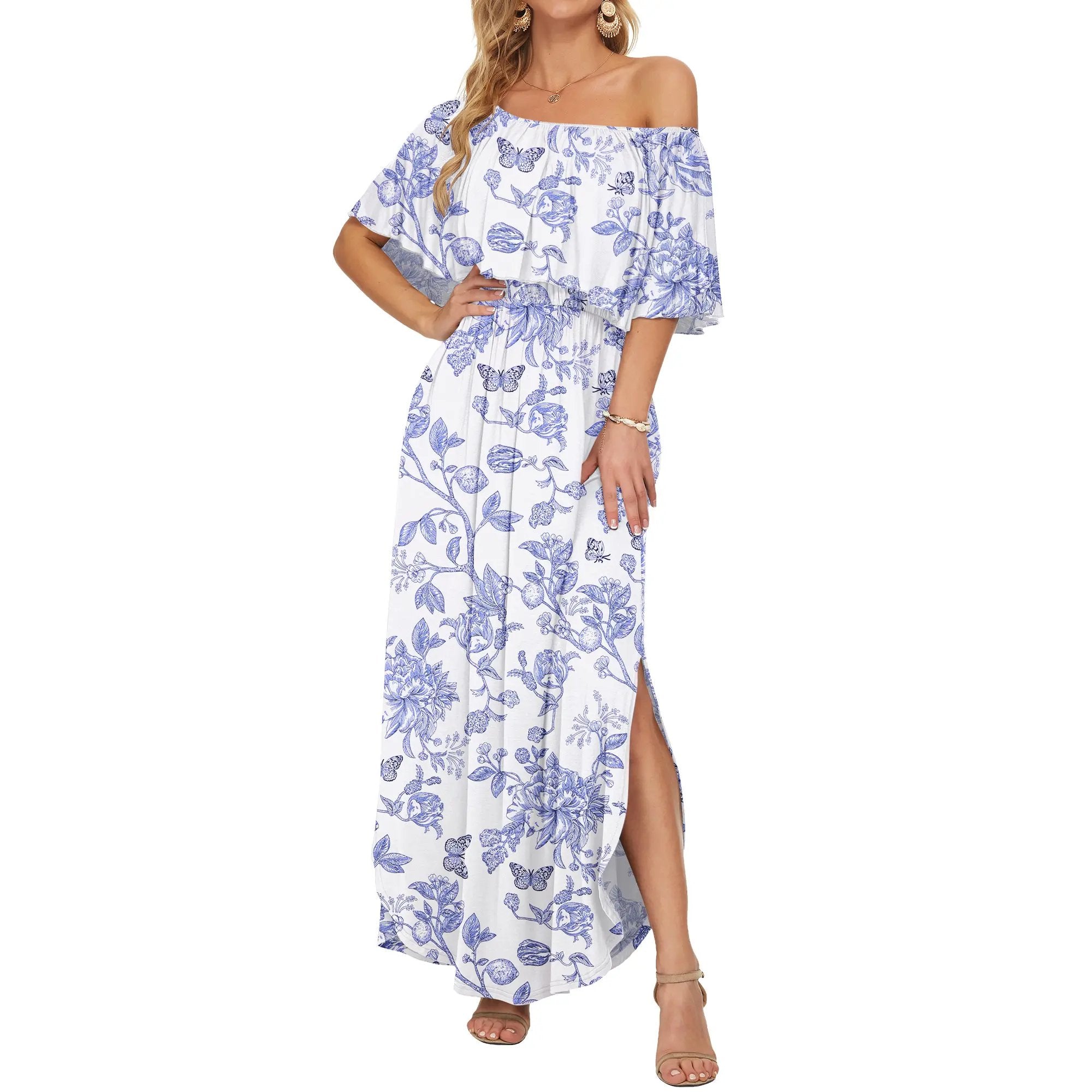 Women's Off The Shoulder Dress 👗Wedding Guest Dress ❤️Summer Casual Long Ruffle Party Side Split Beach Maxi Dresses with Pockets