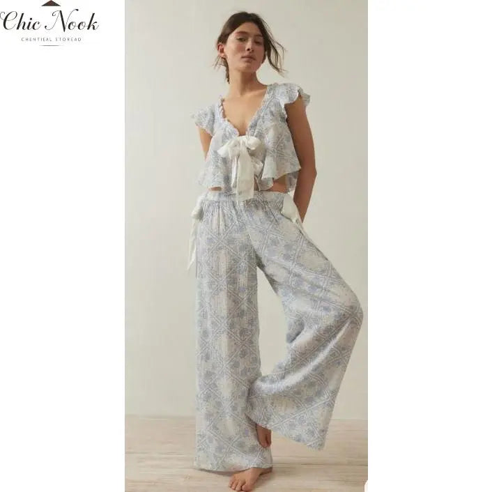 💕💕Women Tie Up Pajamas Lounge Set - Floral Tops & Pants