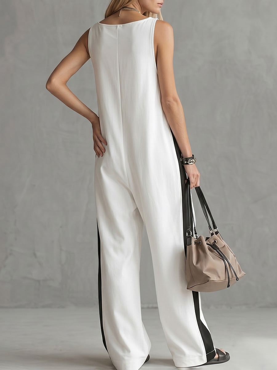 🌷Loose Sleeveless Contrast Color Pockets Zipper V-Neck Jumpsuits